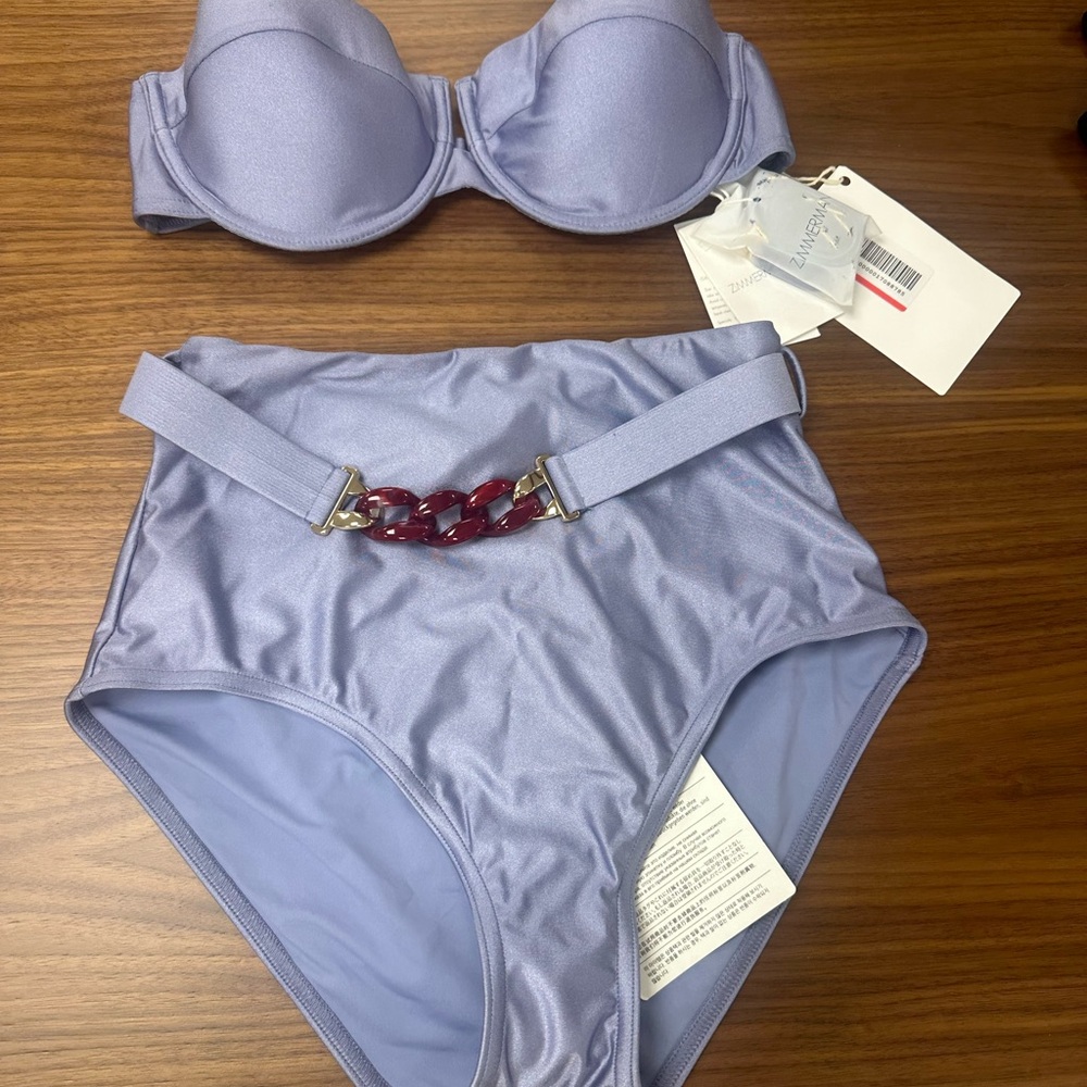 Zimmermann High Waisted Lavender Bikini Set with Burgundy Chain Accent